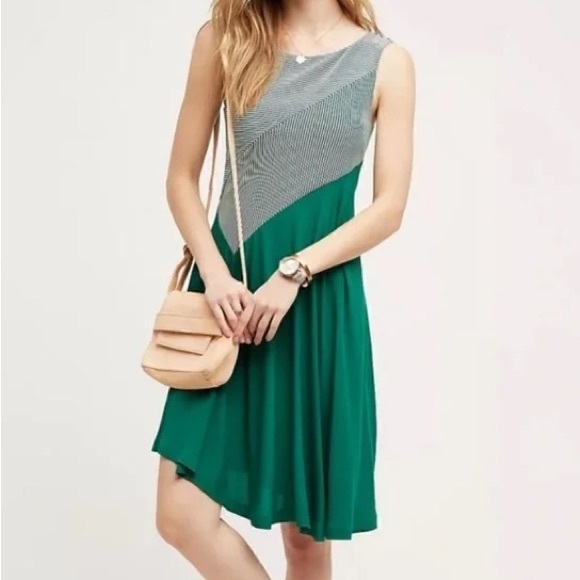 Maeve Dresses & Skirts - Maeve Anthropologie Cameron Green/White Striped Bodice‎ Asymmetrical Dress